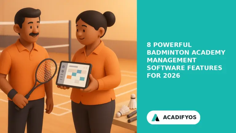 Coach and academy administrator using badminton academy management software on a tablet courtside at an Indian badminton academy