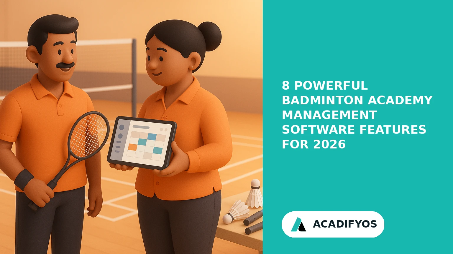 Coach and academy administrator using badminton academy management software on a tablet courtside at an Indian badminton academy