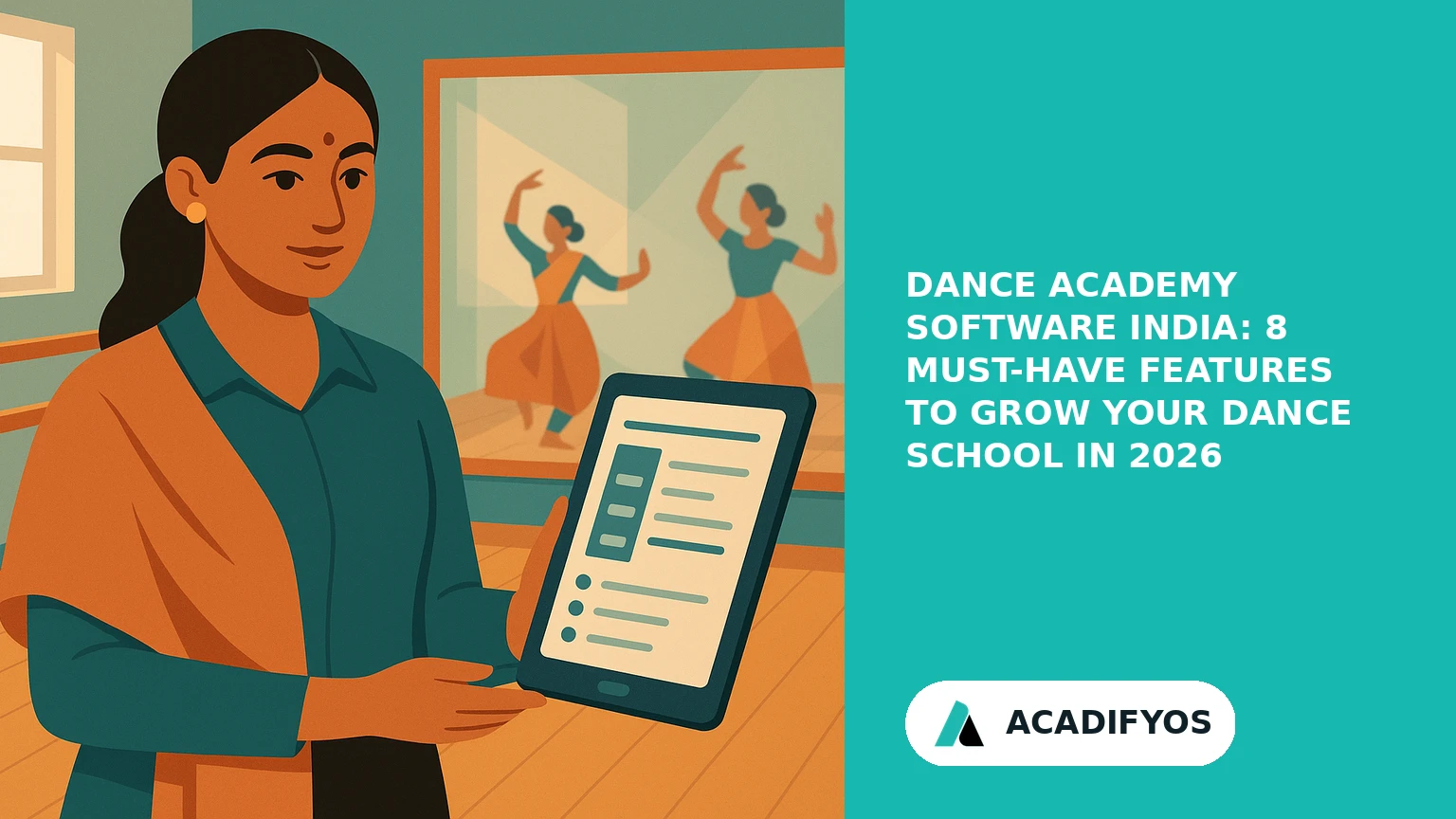 Dance academy owner in India using dance academy software India on a tablet to manage attendance and scheduling in a studio