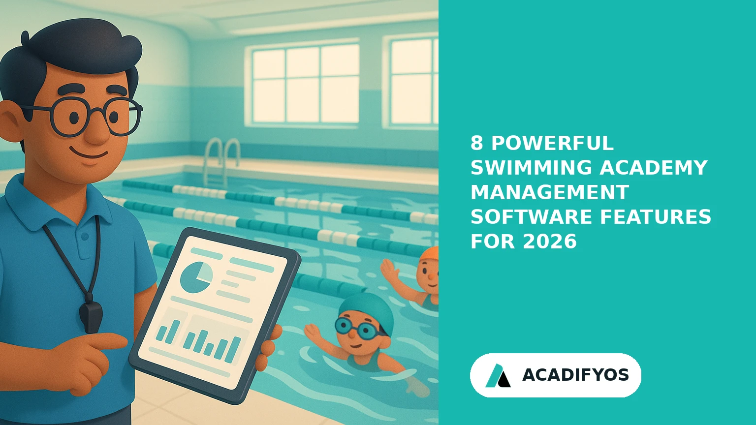 Coach using swimming academy management software dashboard on a tablet beside a pool with lane ropes