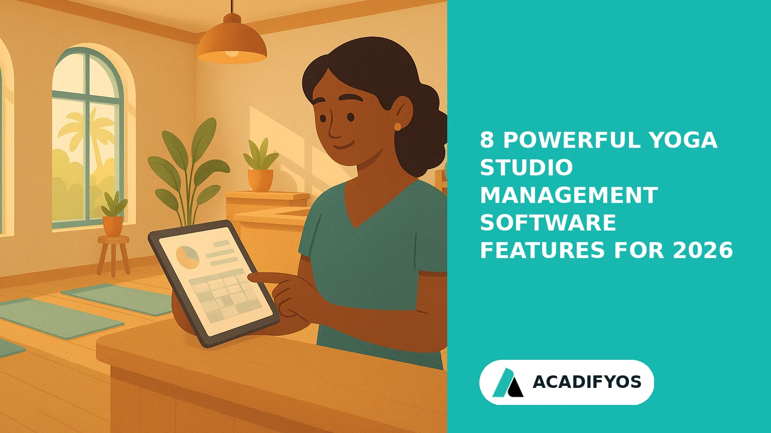 Yoga studio owner using yoga studio management software on a tablet in a modern Indian wellness studio